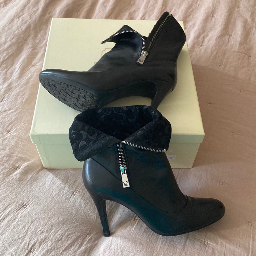 Coach Bethie Black Nappa Leather & Suede Ankle High Heel Boots Booties
